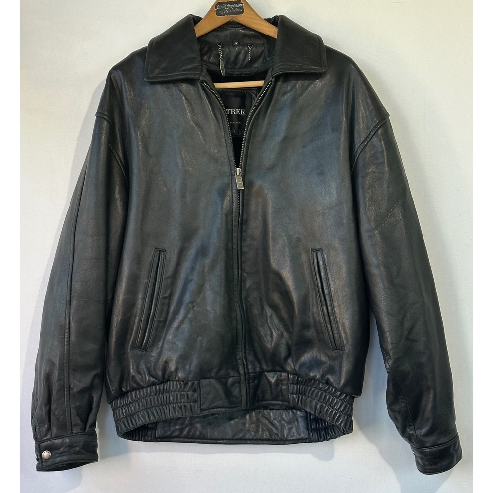Trek Bomber Jacket Leather Full Zip Men's Large Black Heavy Duty
